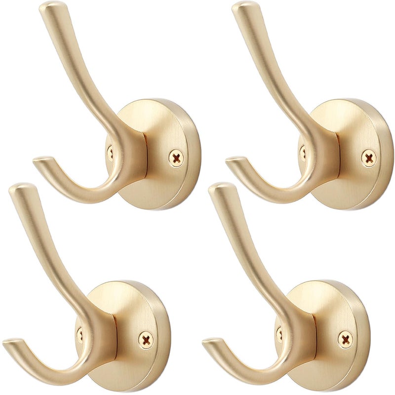 TOFIIGREM Gold Hat and Coat Hooks  4 Pack Heavy Duty Robe Hook Metal Double Backpack Hook Wall Mounted  Towel Hooks for Bathroom Entryway Cubicle Closet Garage - Image 1
